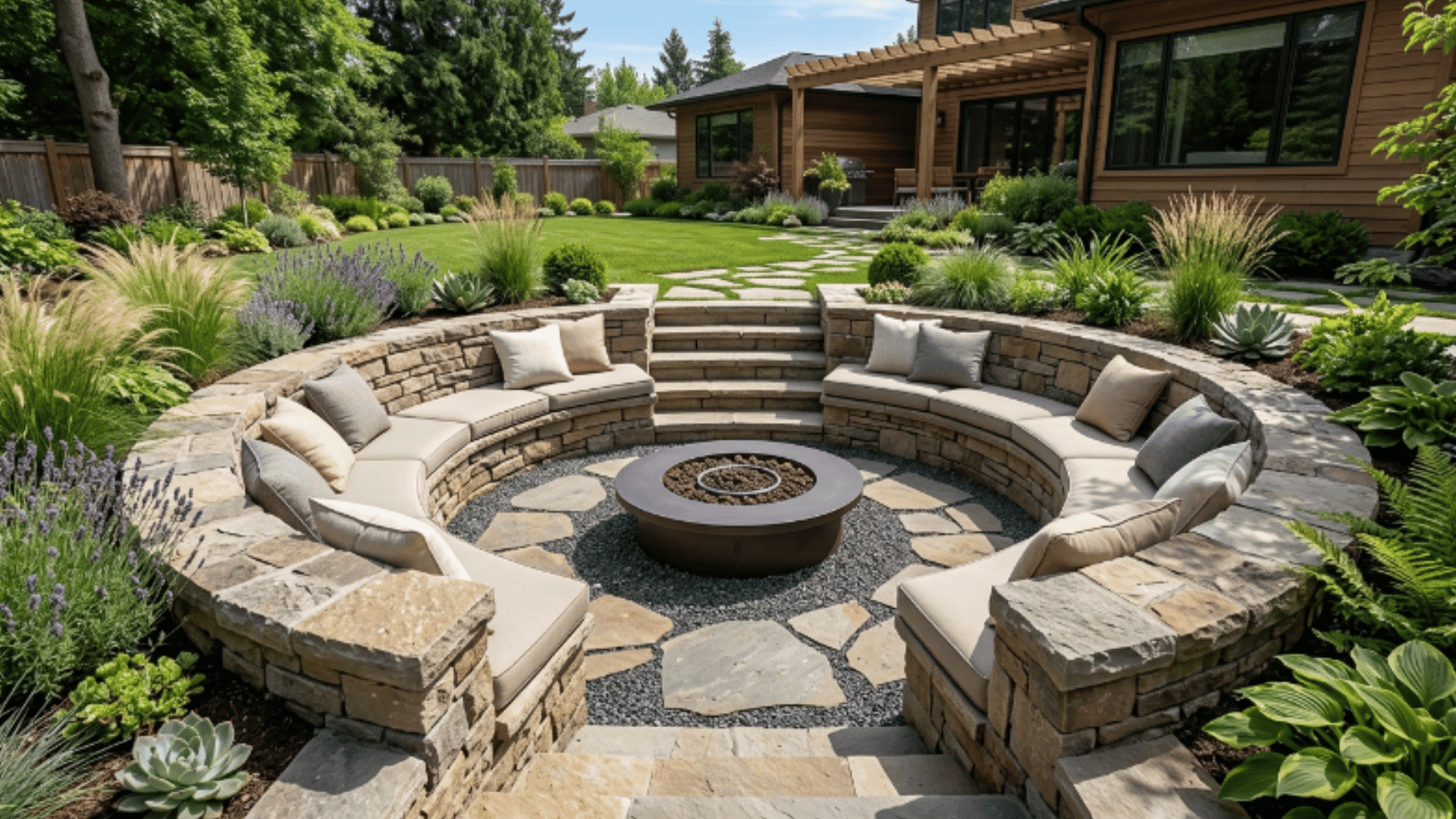 sunken backyard fire pit lounge with stone seating and modern outdoor layout in daylight