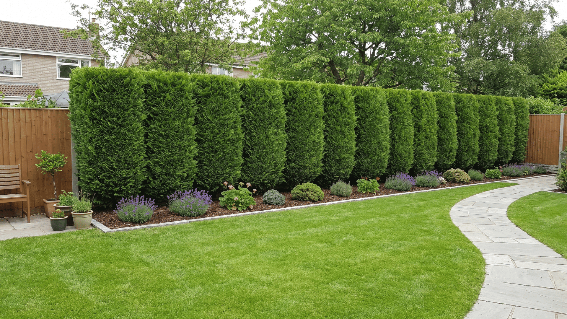tall privacy hedge garden border with trimmed greenery and backyard pathway in daylight