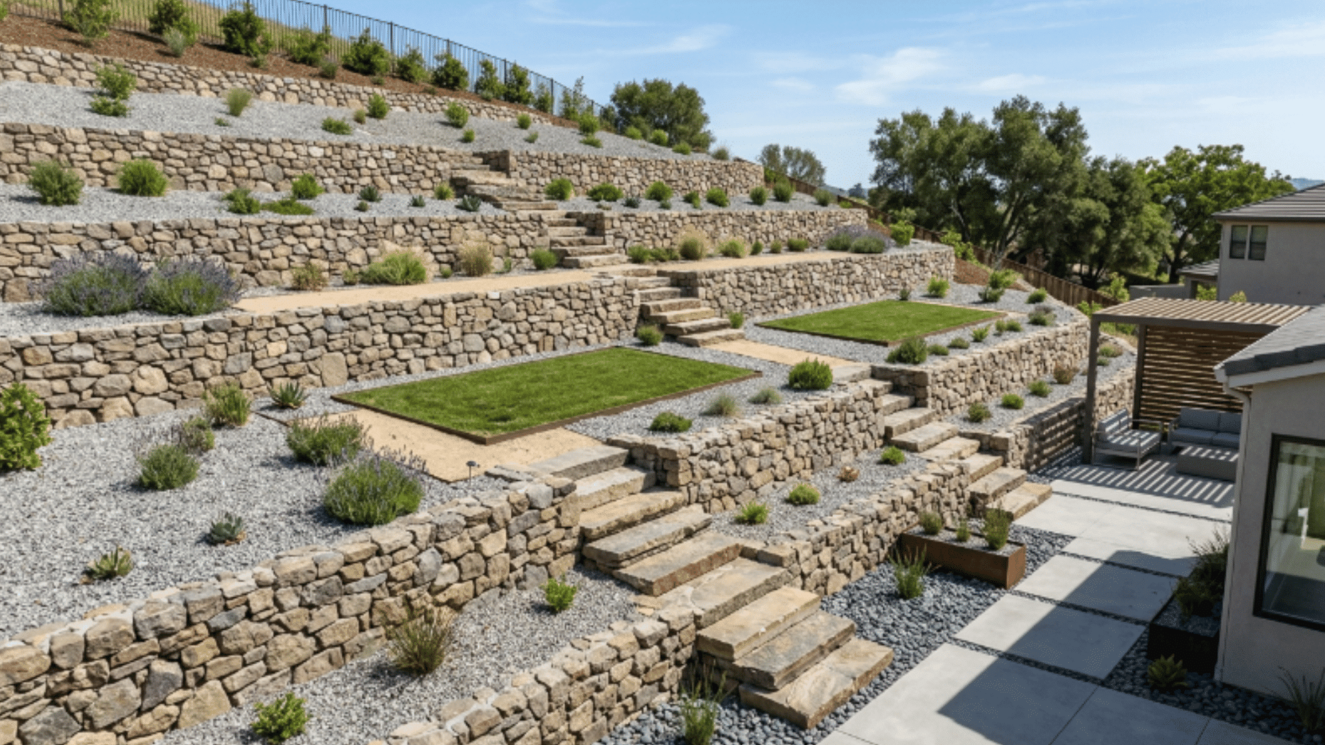 terraced hillside garden with stone retaining walls and layered backyard design in daylight