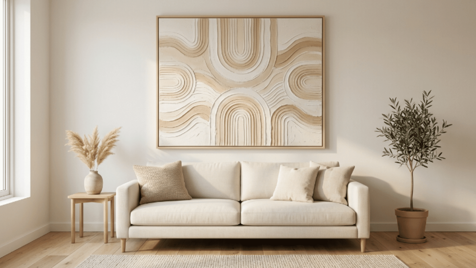 textured canvas wall art with layered neutral patterns above a console table