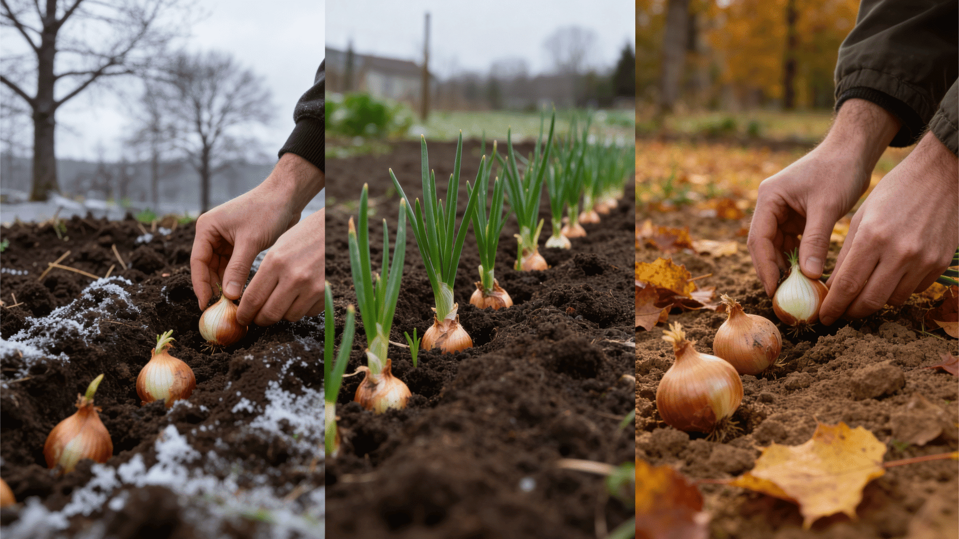 three-panel image showing onion planting in winter frost, spring sprouting, and autumn soil with fallen leaves across climates.