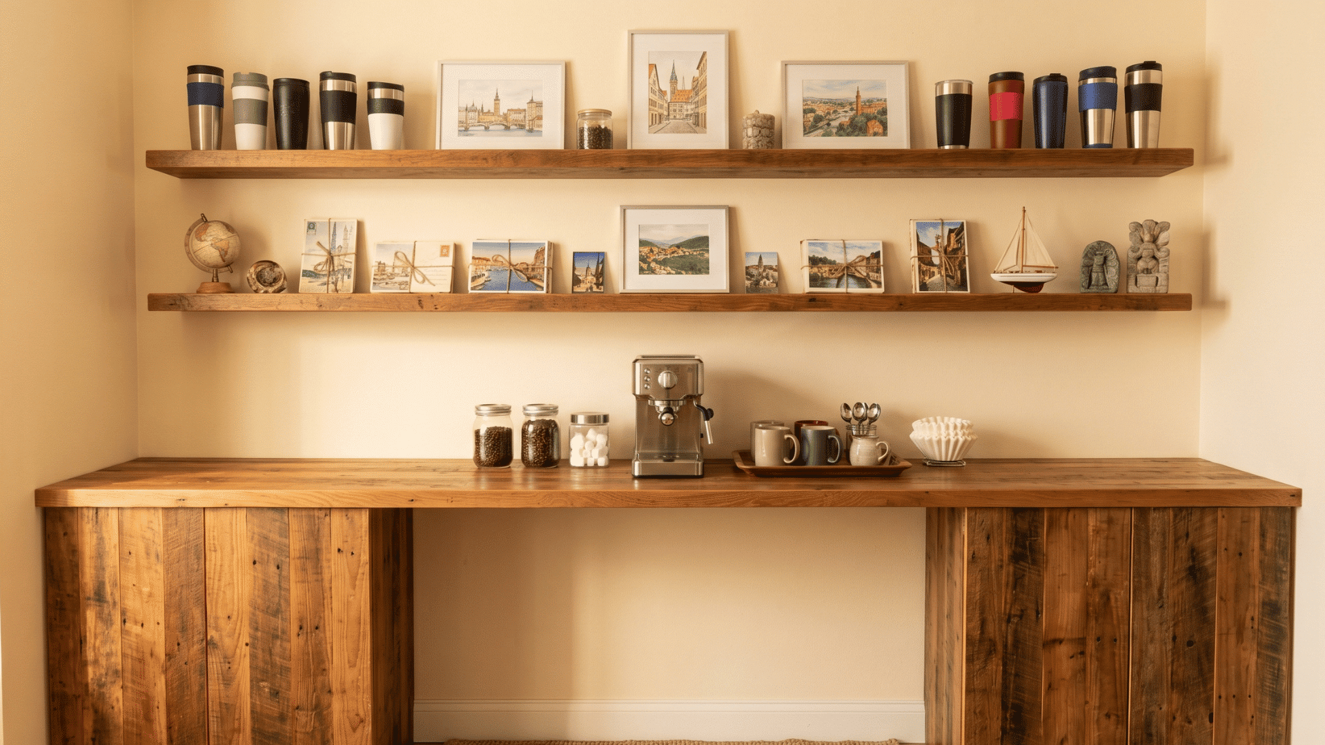 travel souvenir coffee bar with mugs framed prints postcards and coffee setup