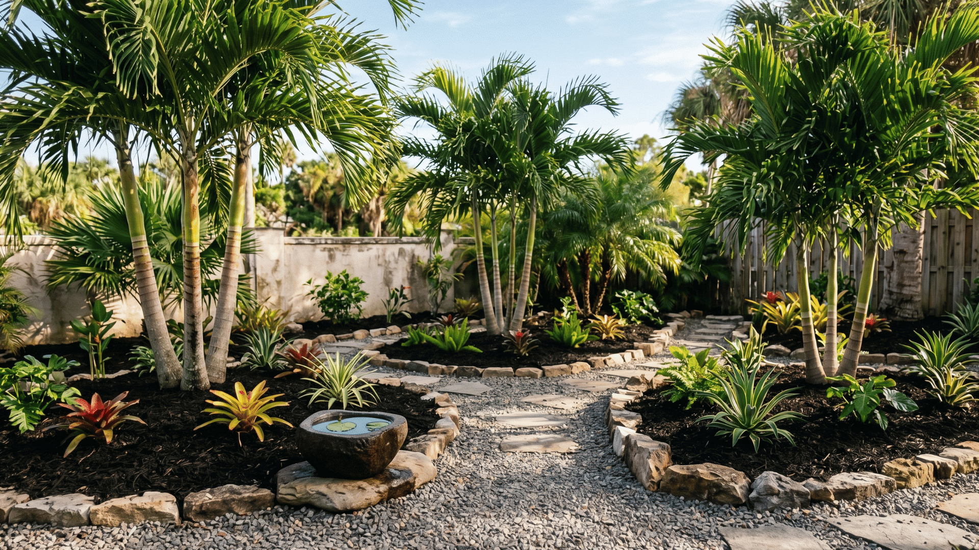 tropical garden with palm clusters, stone edging, and clean backyard layout in daylight