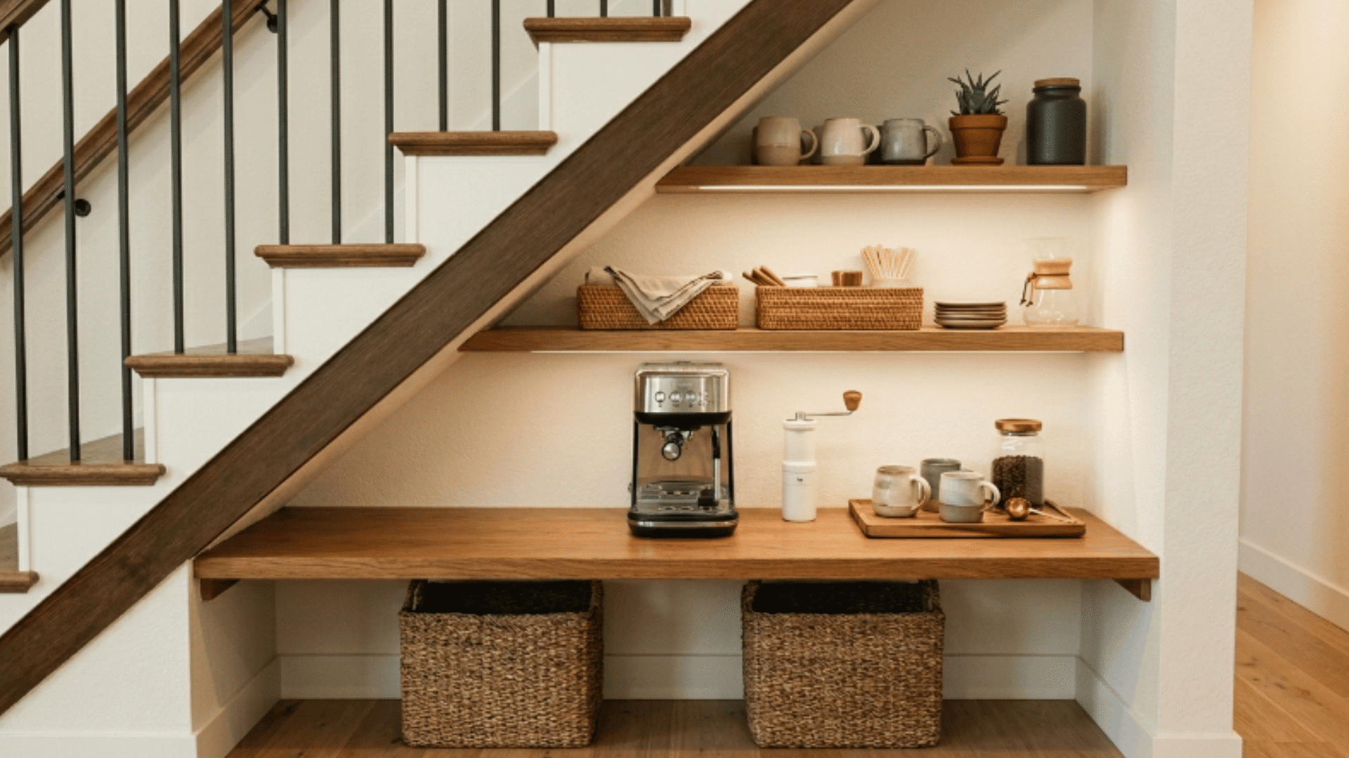 under stairs coffee nook with floating shelves warm lighting mugs jars and coffee machine