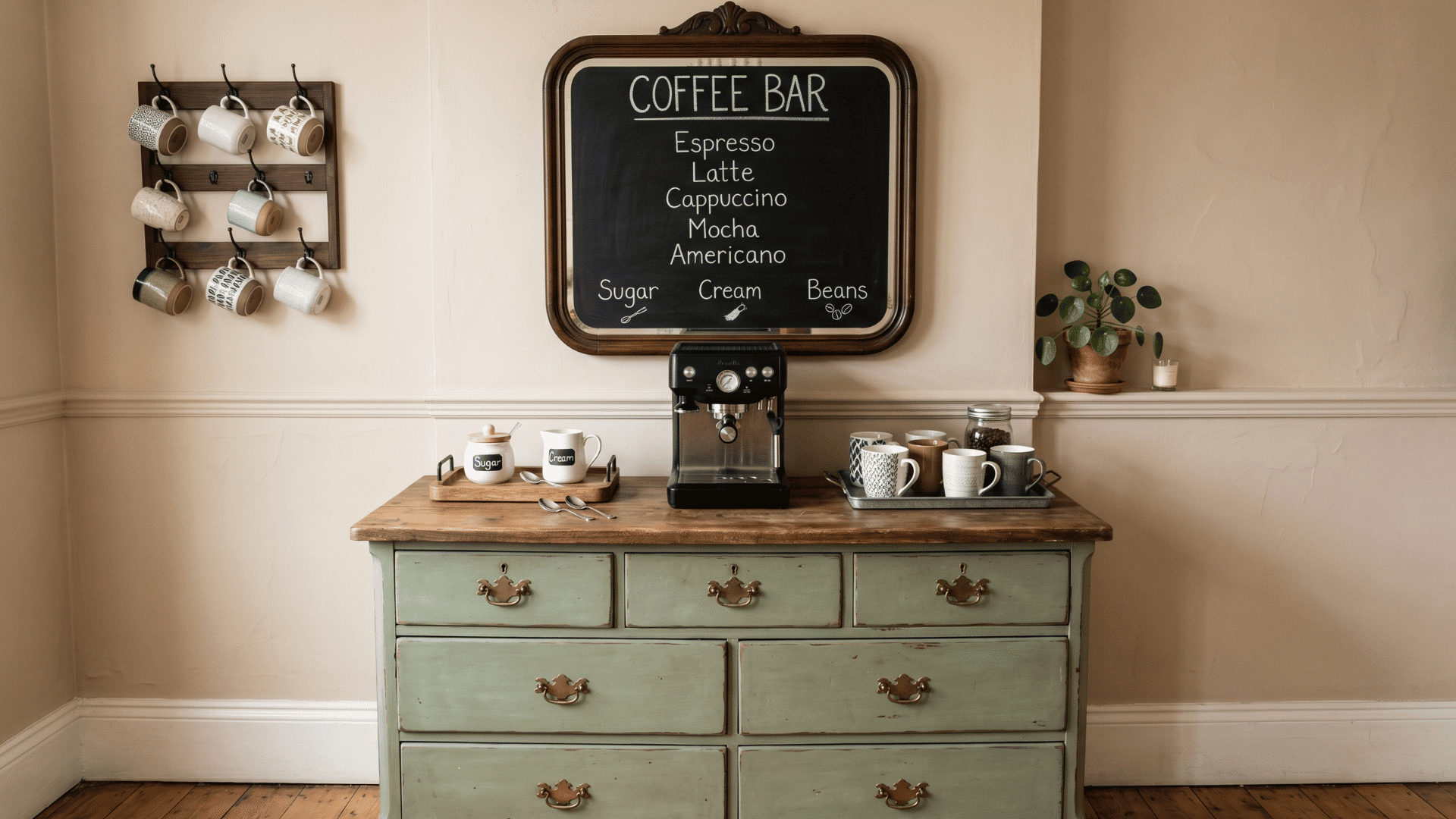 vintage dresser coffee bar with chalkboard mirror mugs jars and coffee setup