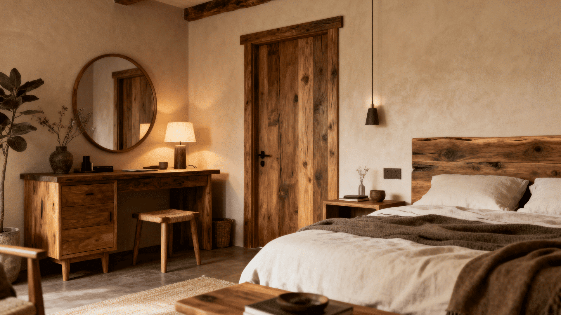 warm wood tone men’s bedroom with rustic furniture, cozy bedding, soft lighting, and natural decor.