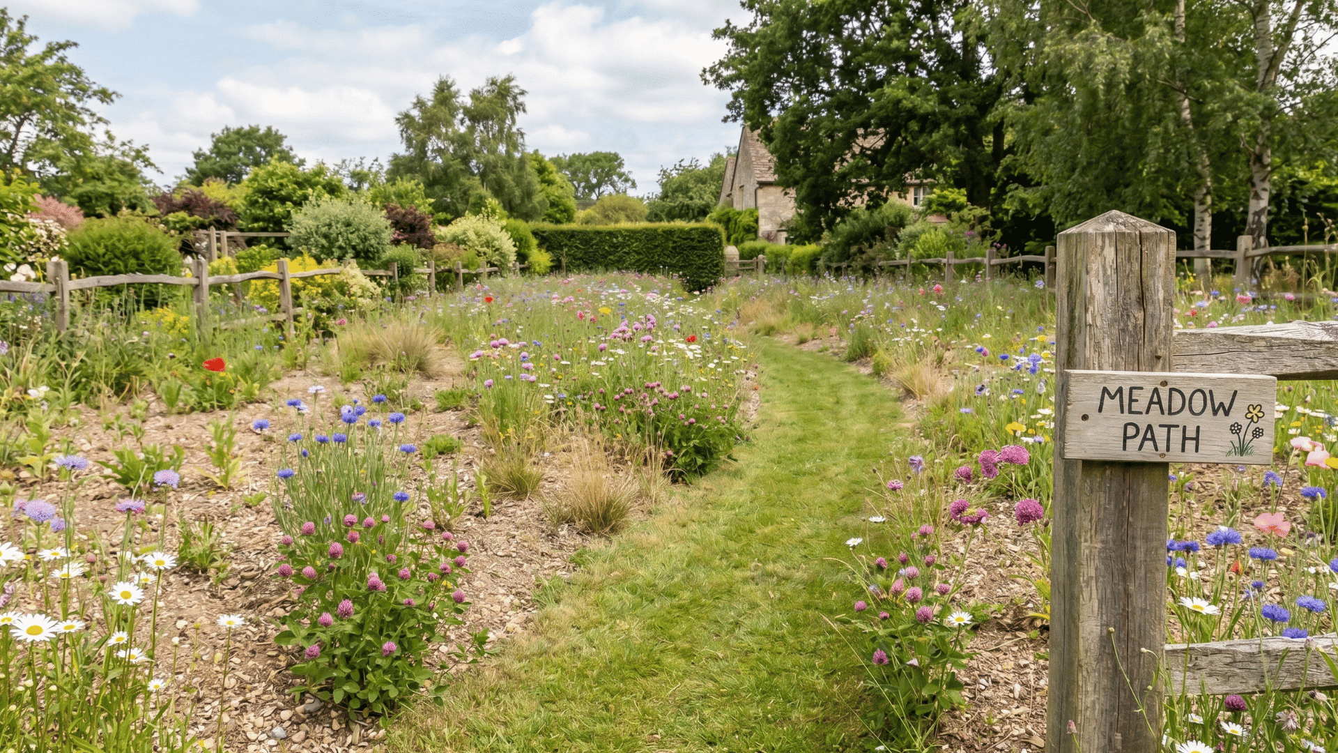 wildflower meadow garden path with trimmed grass walkway in daylight