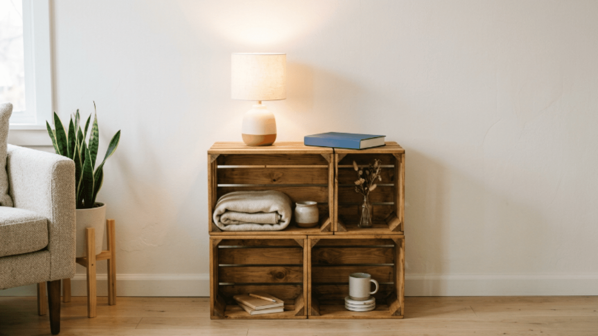 wooden crate side table with open storage and warm neutral styling