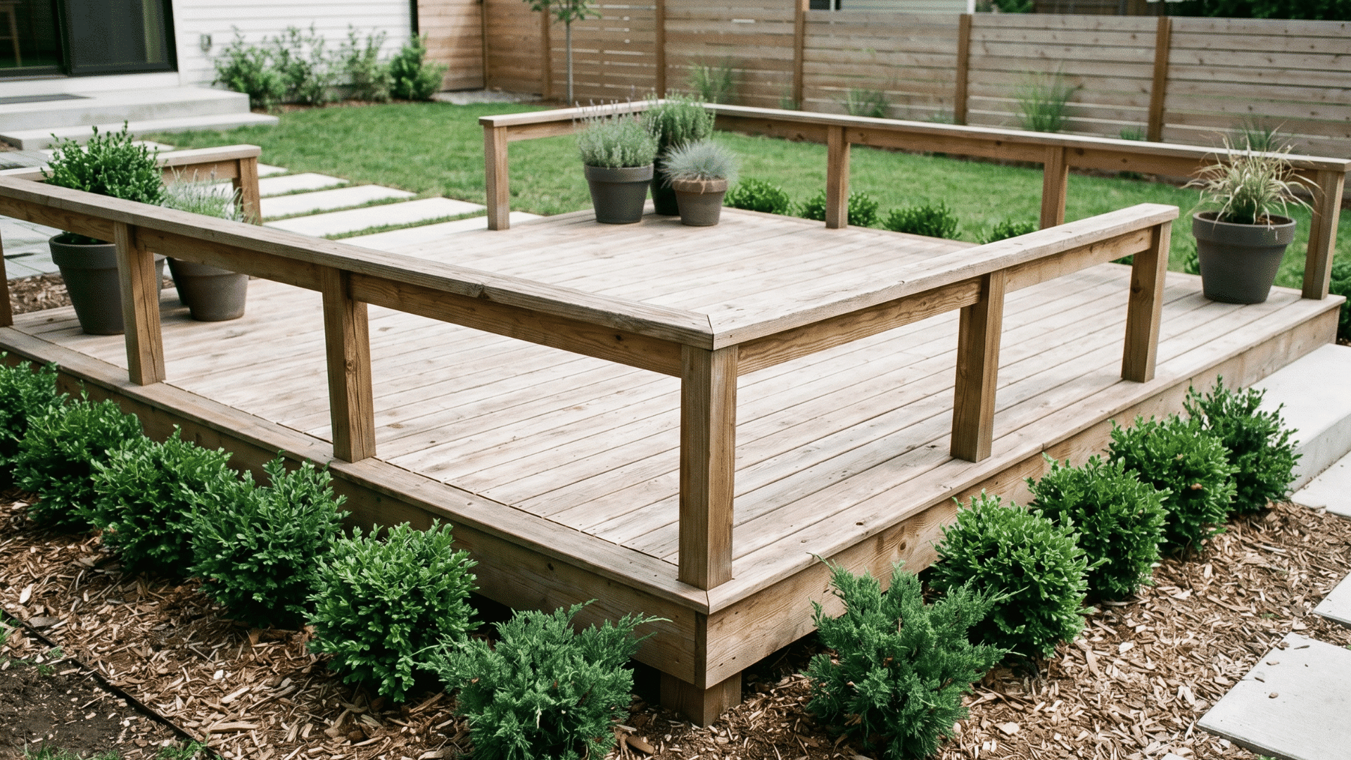 wooden deck garden with border shrubs and clean outdoor layout in daylight