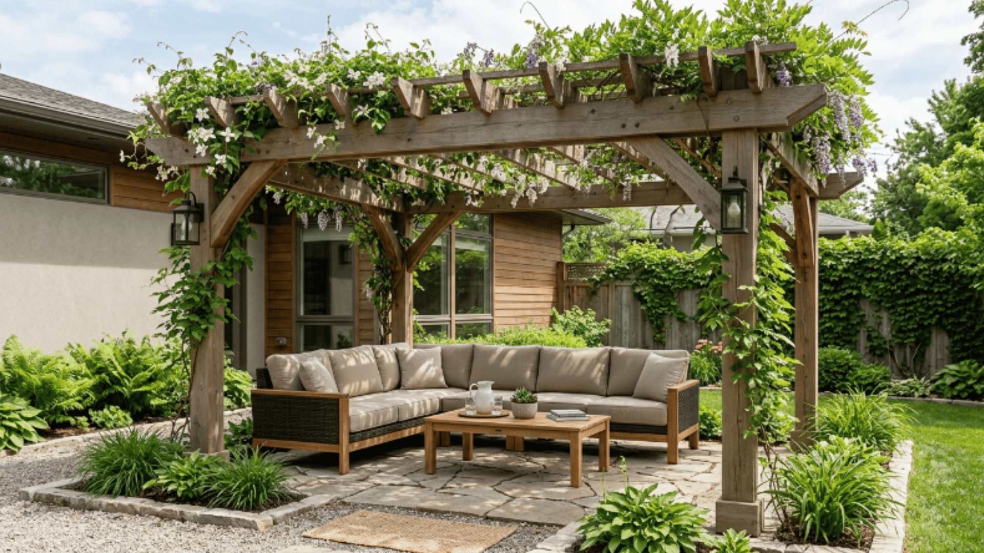 wooden pergola with climbing vines and outdoor seating area in natural daylight