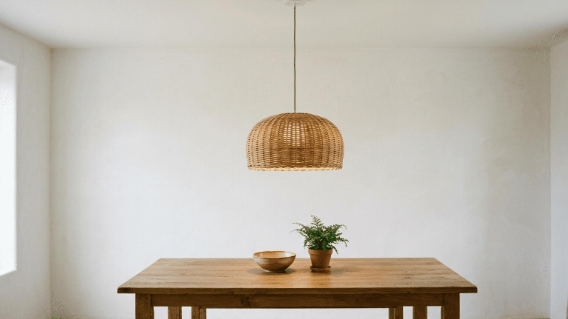 woven basket pendant light hanging in a warm neutral interior space