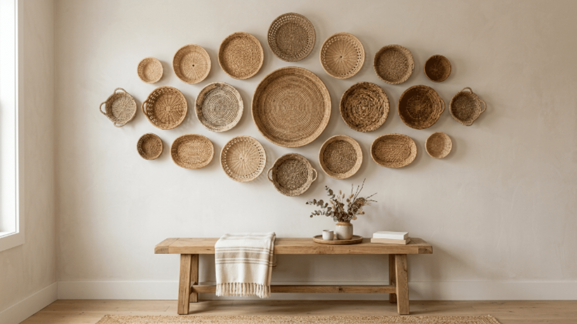 woven basket wall display arranged in balanced layers on a neutral wall