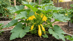 yellow summer squash plant growing in a sunny backyard vegetable garden with large green leaves