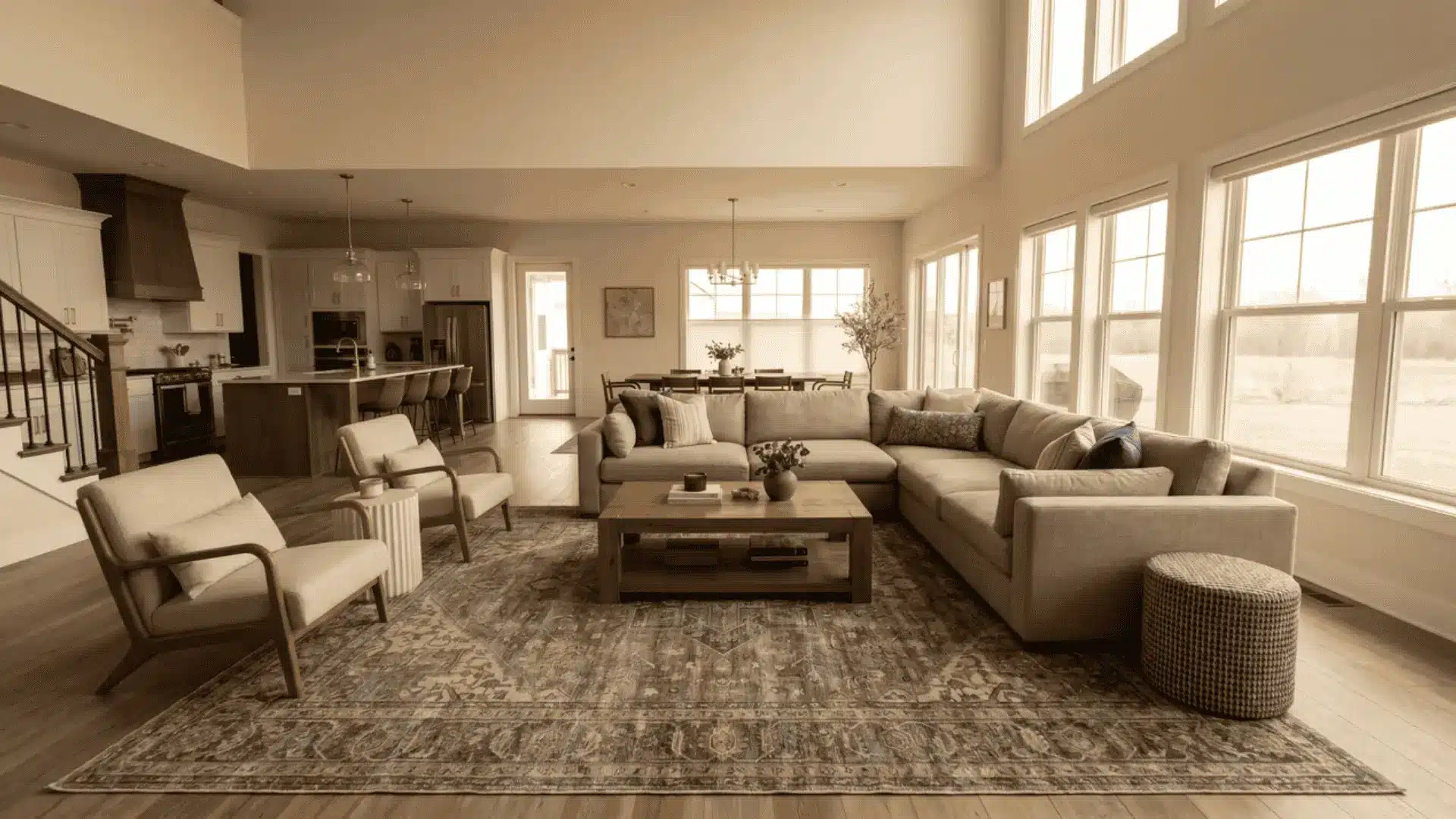 Large living room with sectional sofa, two armchairs, coffee table, patterned area rug, open kitchen, and tall windows
