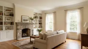 White crown molding in a traditional living room with 10-foot ceilings, built-in bookshelves, and hardwood oak floors in afternoon light.