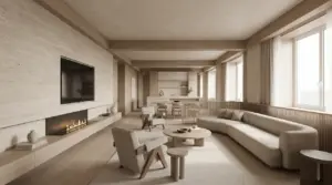 Modern living room showing multiple awkward layout challenges including narrow space, open zones, and mixed focal points.