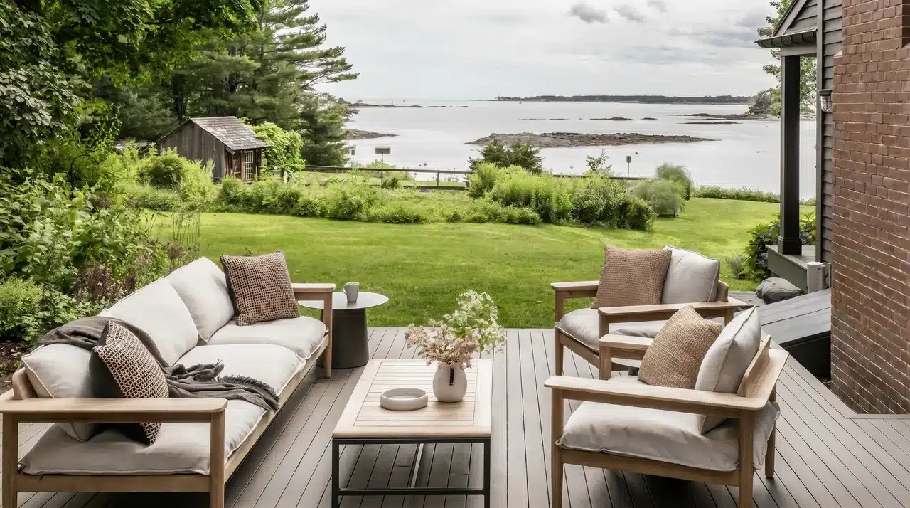 Outdoor wooden deck with sofa, chairs and coffee table overlooking green lawn, trees, small cabin and calm waterfront view