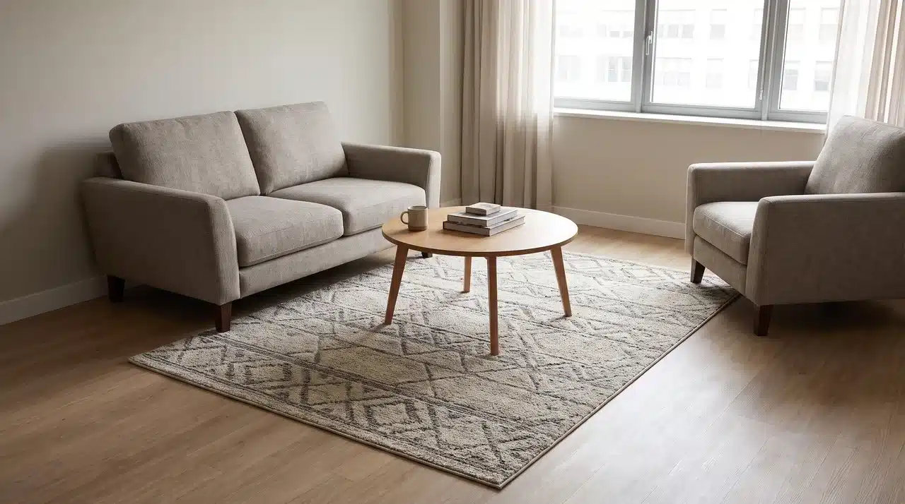 5’x7' rug beneath a coffee table with a loveseat and chair positioned beyond its edges in a compact living room