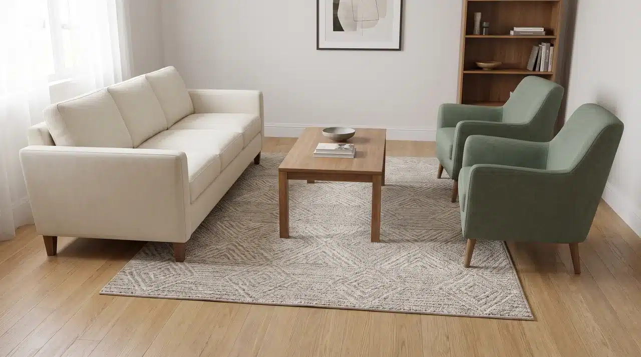 6'×9' rug with front legs of sofa and chairs on it, leaving visible floor space around the room edges