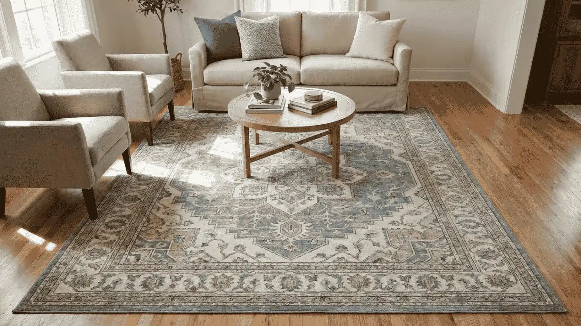 Living room with a patterned area rug, cream sofa, two armchairs, round coffee table, wood floor, and large windows
