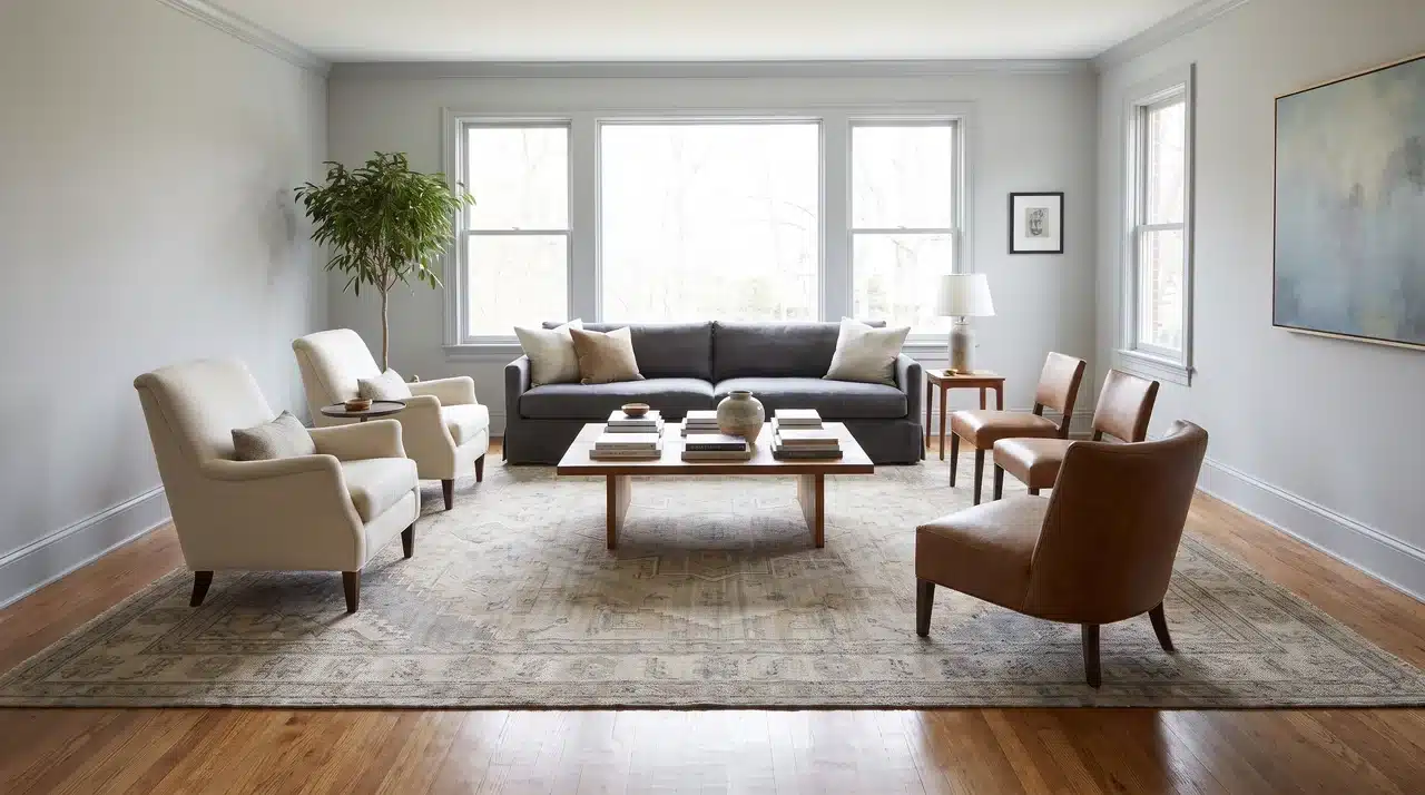9'×12' rug holding a long sofa and full chair set with visible floor clearance around the room