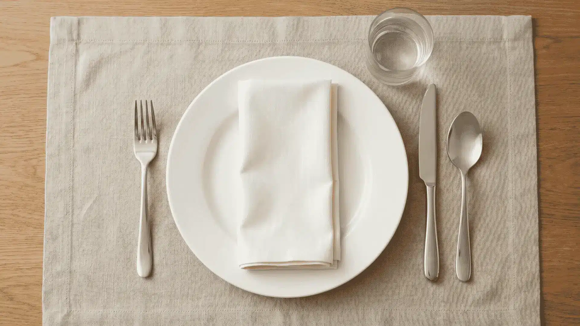 A basic place setting with a dinner plate, fork, knife, spoon, water glass, and napkin arranged neatly on a placemat.