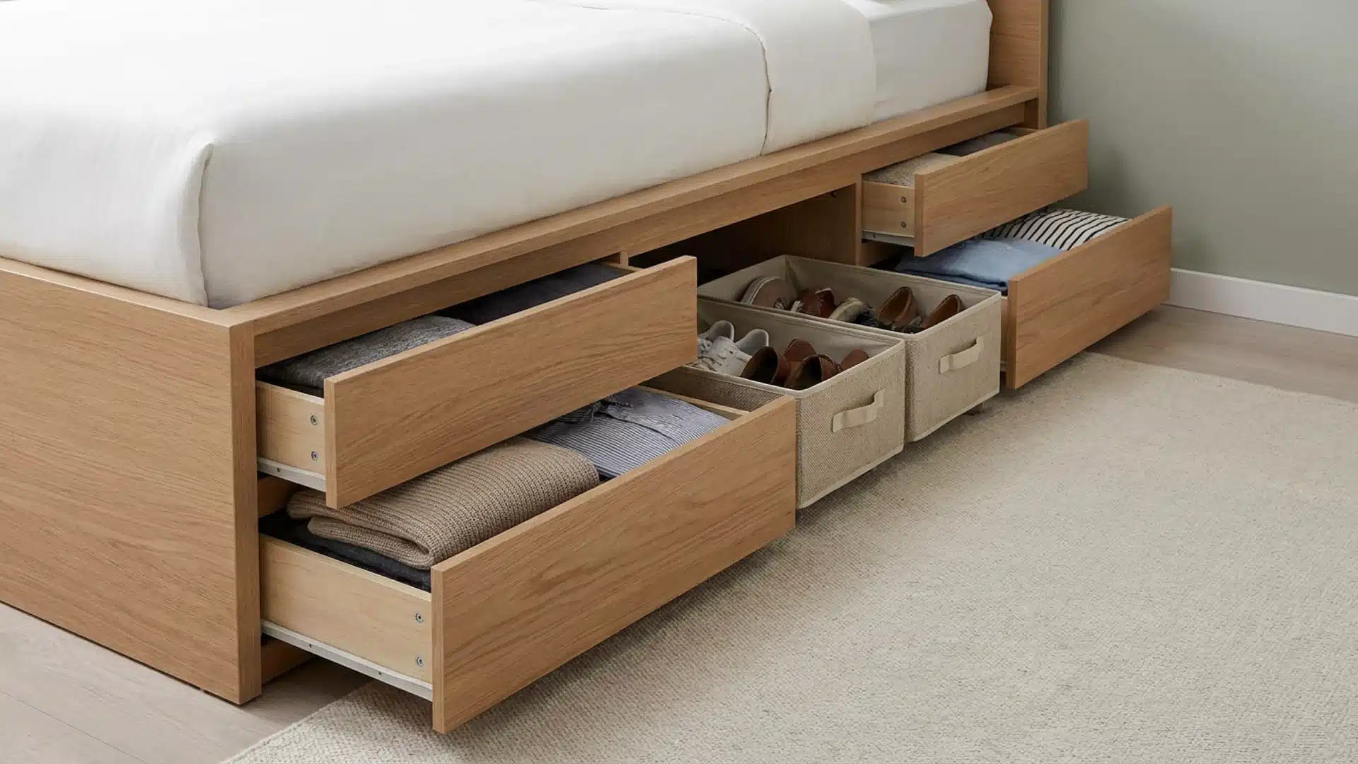 A bed with built-in drawers and bins underneath, storing clothing and shoes for efficient use of space.