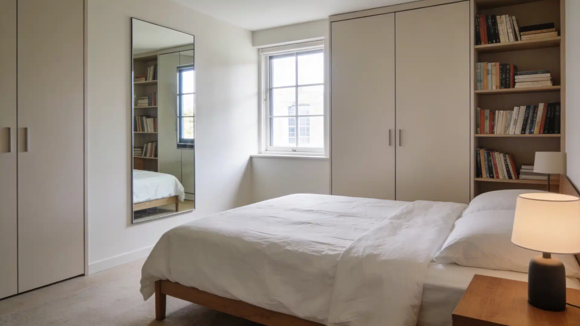 A bedroom with a mirror reflecting natural light from a window, making the room feel larger.