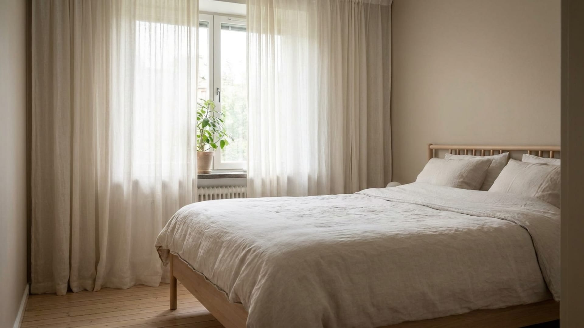 A bedroom with sheer curtains framing the window, allowing natural light to fill the room.