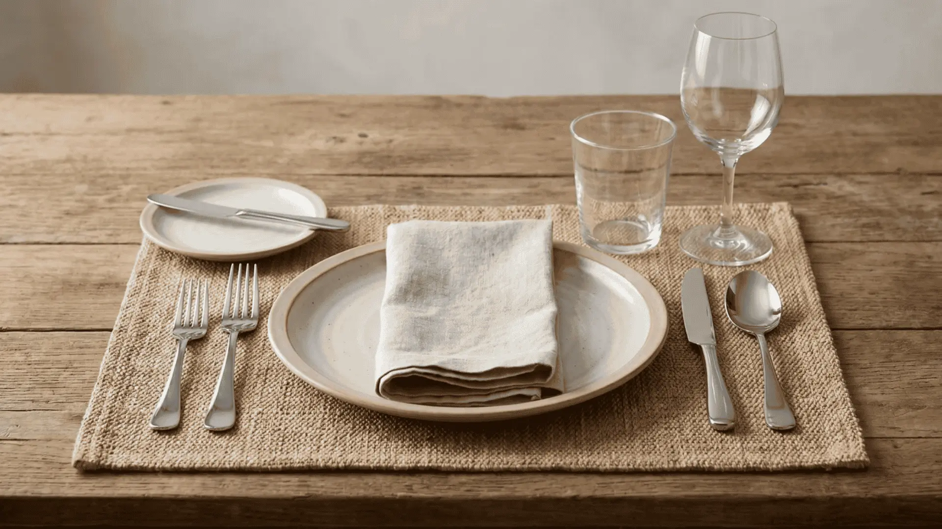 A casual place setting with a bread plate, salad fork, soup spoon, wine glass, dinner plate, and napkin.
