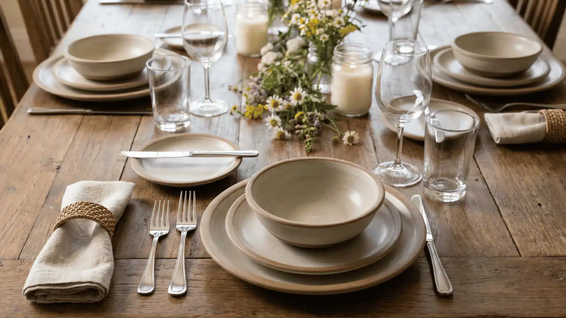 A casual table setting with a salad fork, salad plate, soup bowl, bread plate with a bread knife, wine glass, water glass, and napkin ring.