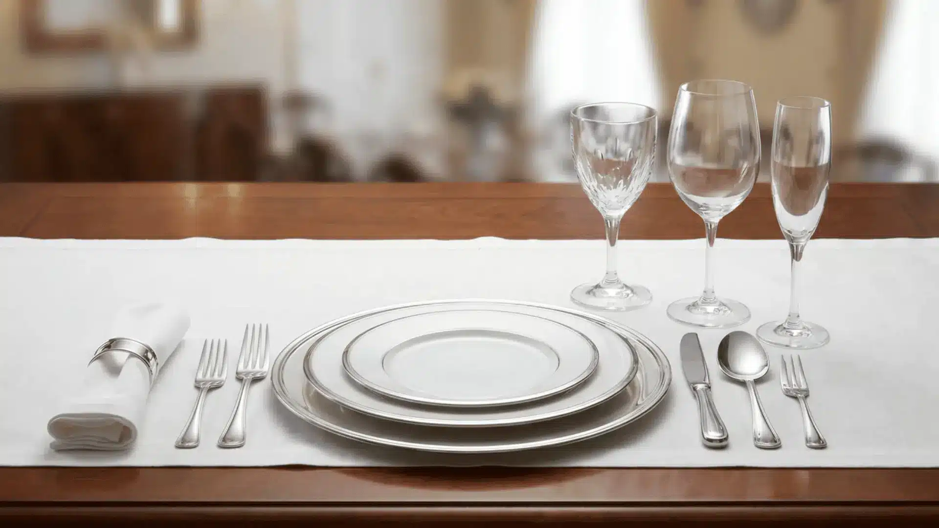 A formal place setting with charger plate, multiple utensils, glassware for wine and champagne, and neatly arranged napkin.
