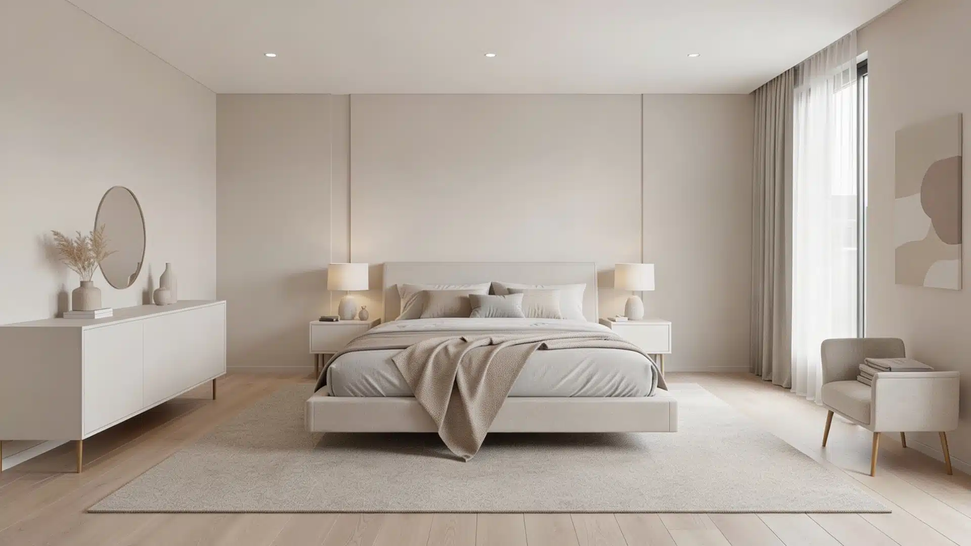 A modern bedroom with a floating bed placed in the center, maximizing space around it.