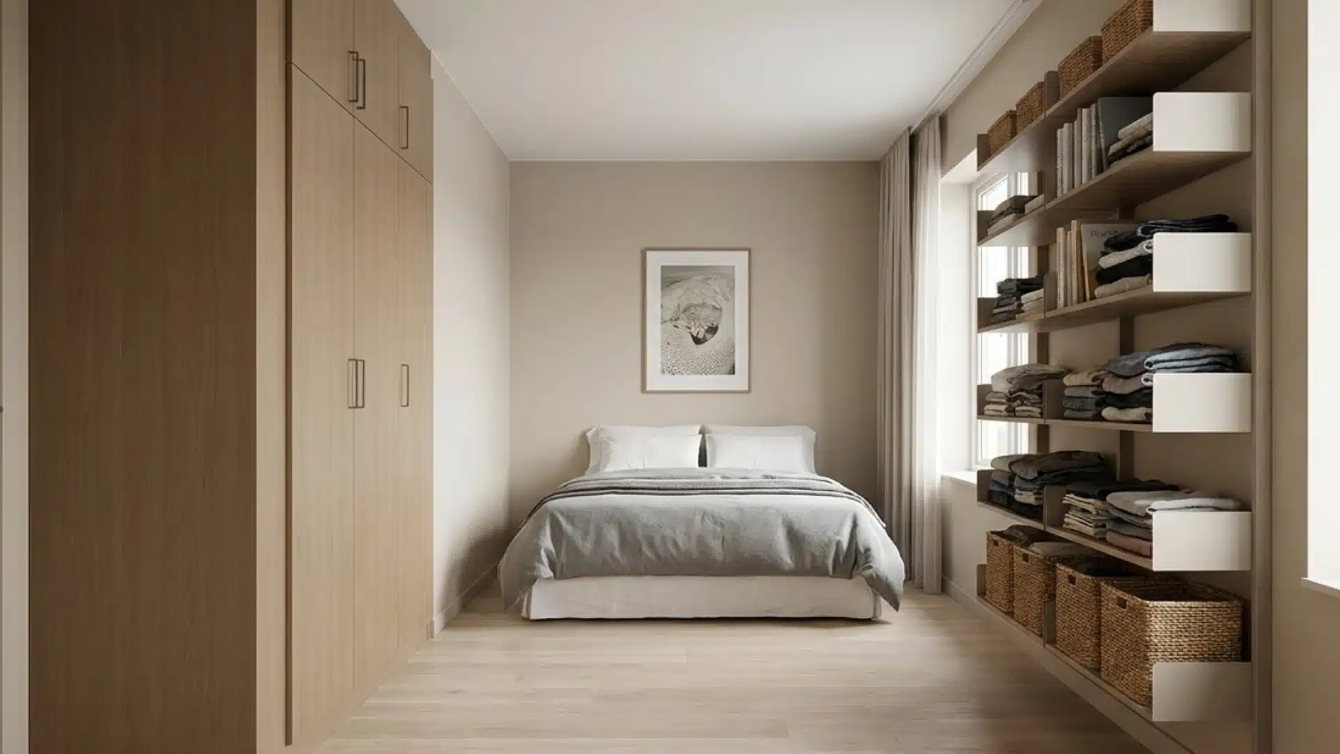 A narrow bedroom with the bed placed on the short wall, using vertical storage to maximize space.