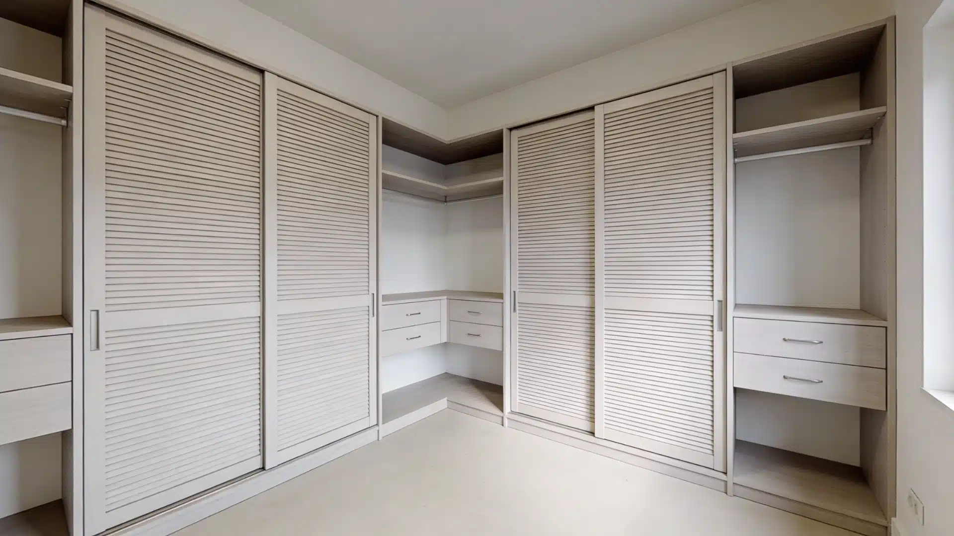 A room with enclosed storage, including wardrobes and cabinets, keeping the space clean and organized.