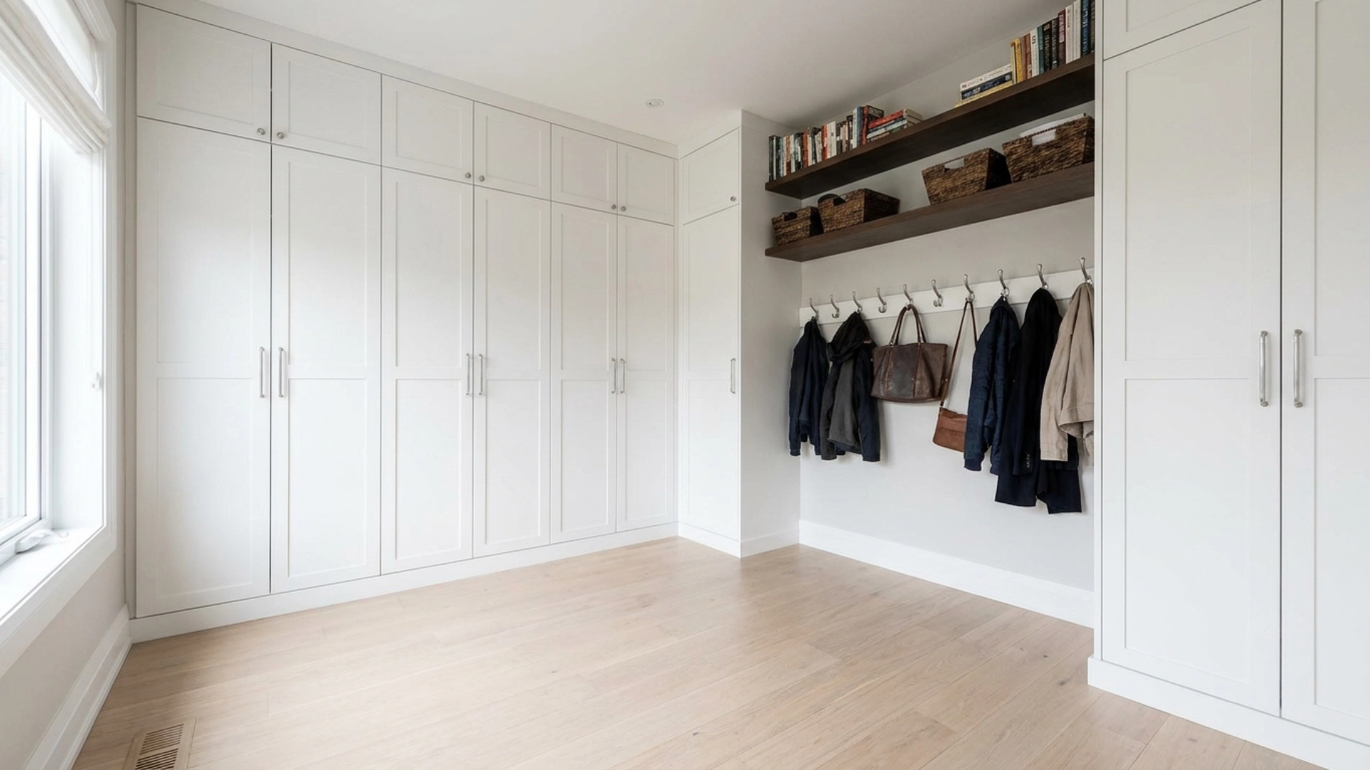 A room with vertical storage, including floor-to-ceiling wardrobes and wall-mounted shelves, maximizing space.