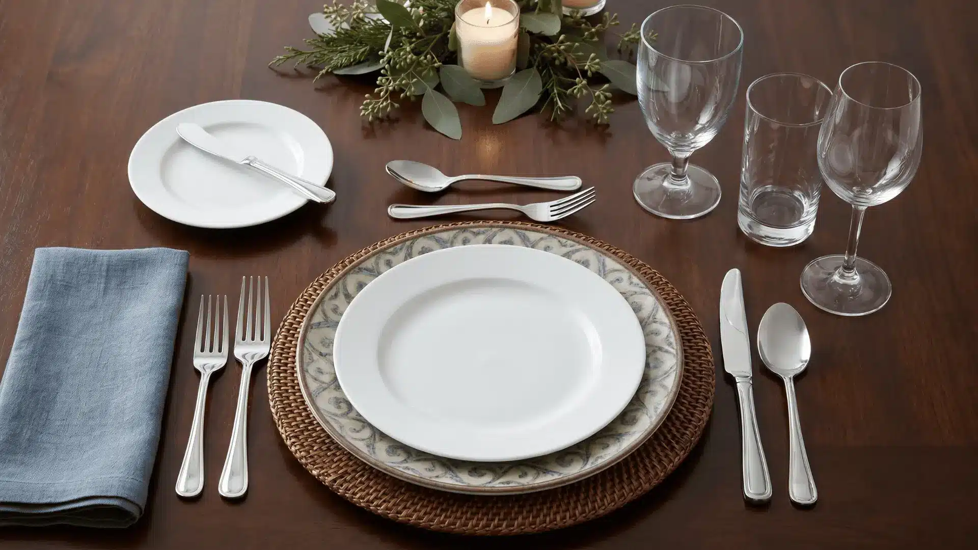 A semi-formal table setting with a charger plate, two glasses of water, one wine glass, dessert utensils, cloth napkin, salad fork, and bread plate.