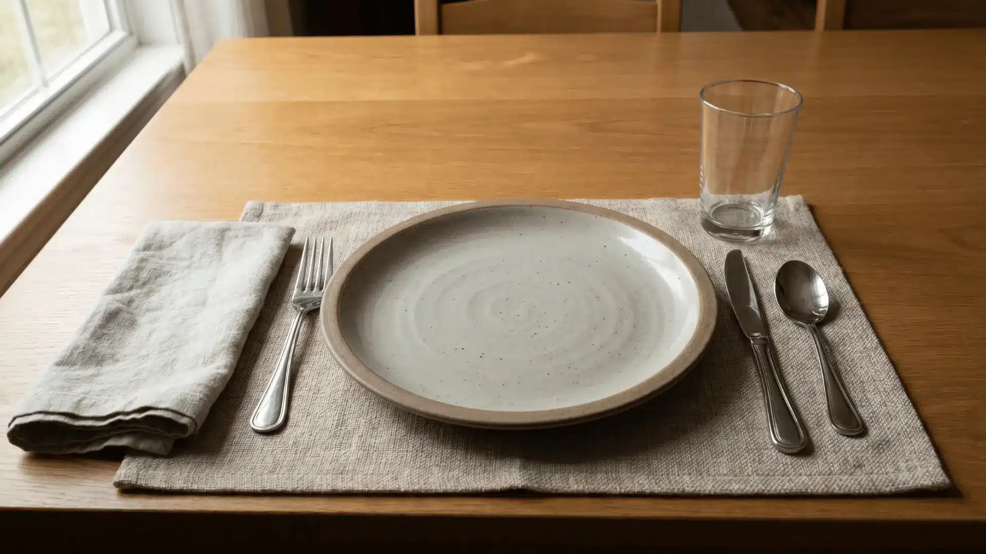 A simple basic table setting with a dinner plate, fork, knife, spoon, napkin, and water glass arranged on a placemat for an everyday meal.