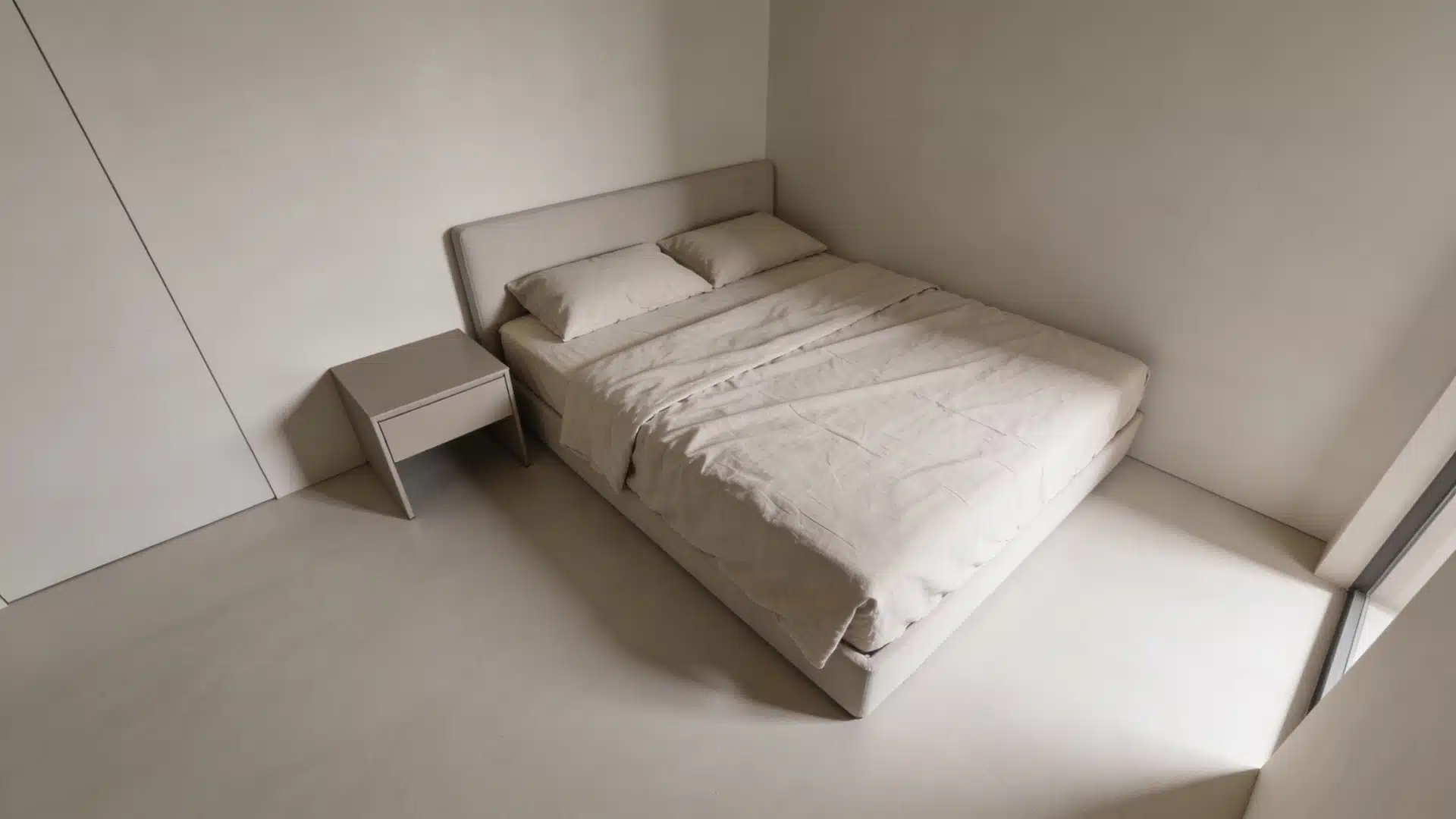 A small bedroom with a bed pushed into the corner, creating more floor space.