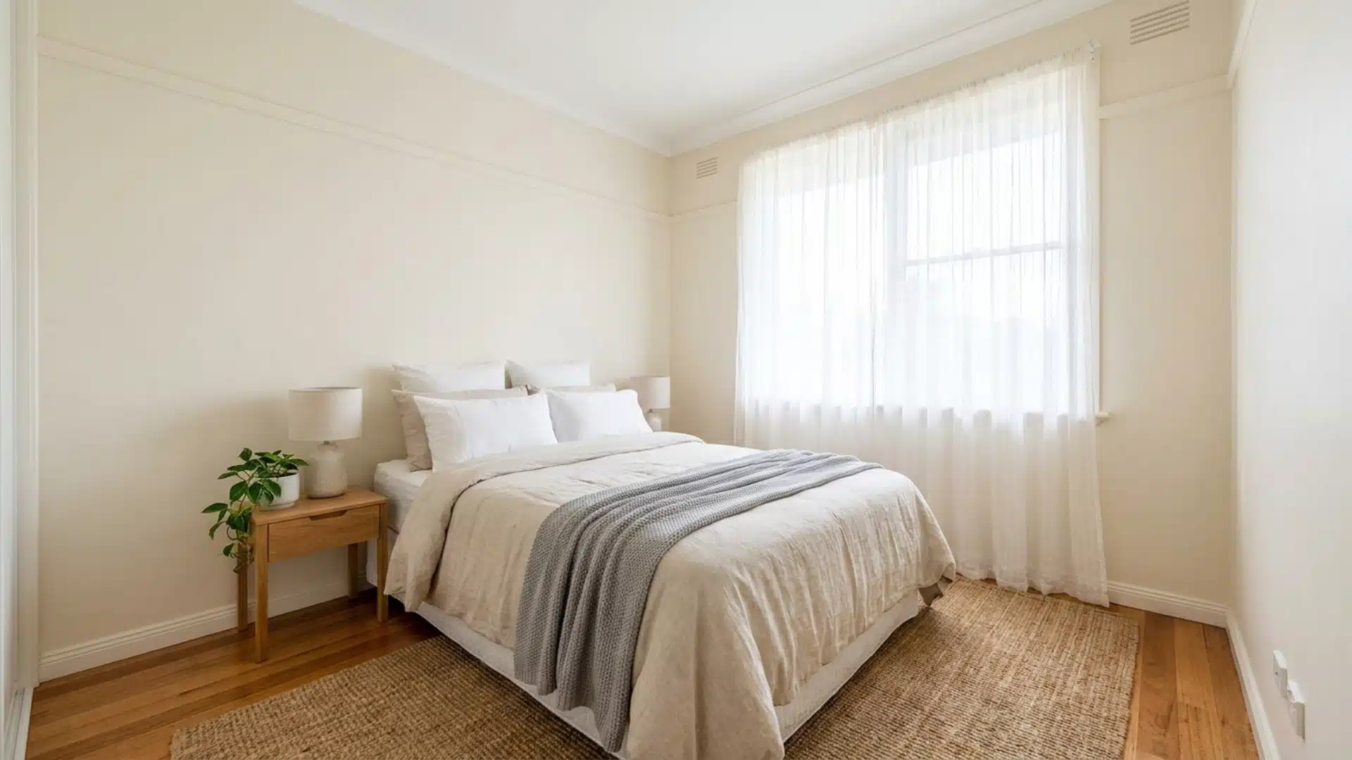 _A small bedroom with light-colored walls and neutral bedding, creating a spacious and airy feel.