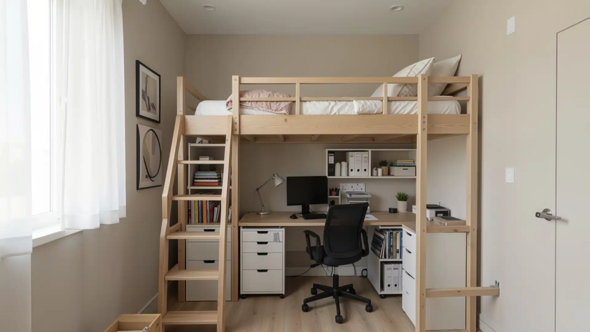 A small room with a lofted bed and functional desk space underneath, maximizing vertical space.