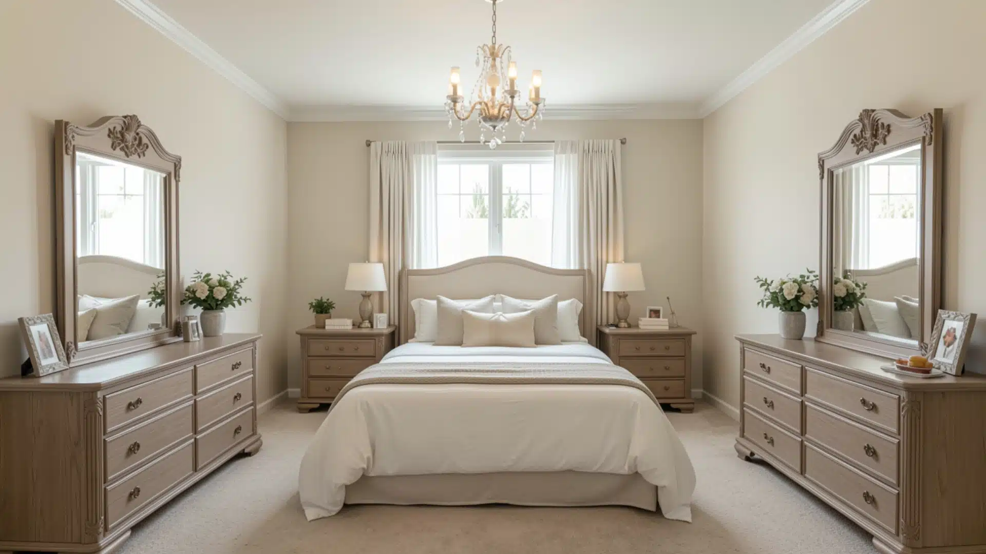 A square bedroom with a centered bed and symmetrical furniture arrangement for balanced space.