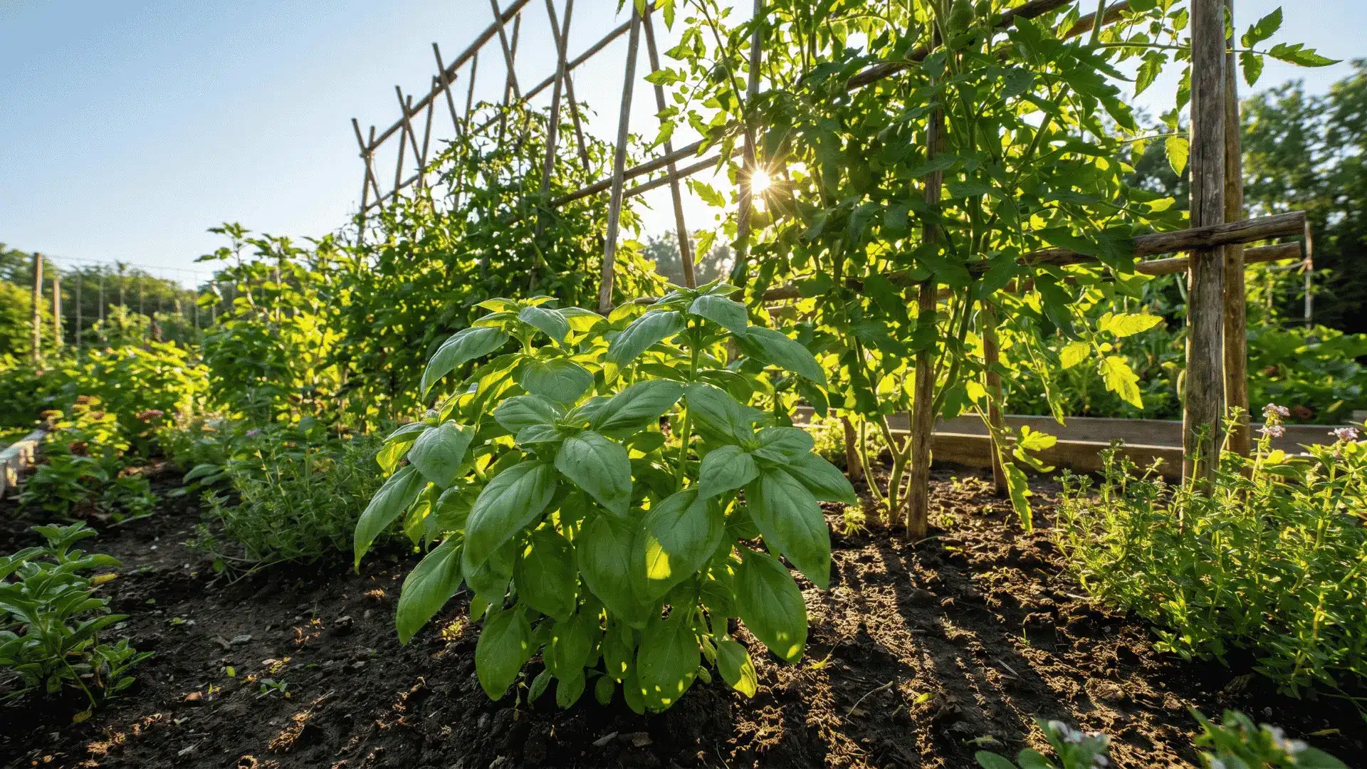 Basil plant in an east-facing garden bed, receiving morning sun and afternoon shade for optimal growth in hot climates.