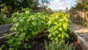 Healthy basil plants growing in a raised garden bed outdoors
