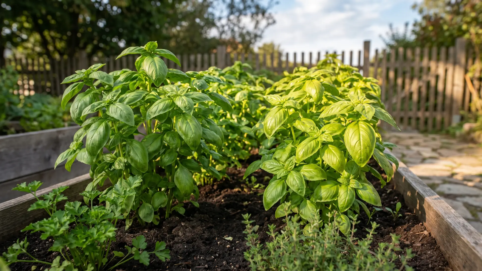 Healthy basil plants growing in a raised garden bed outdoors