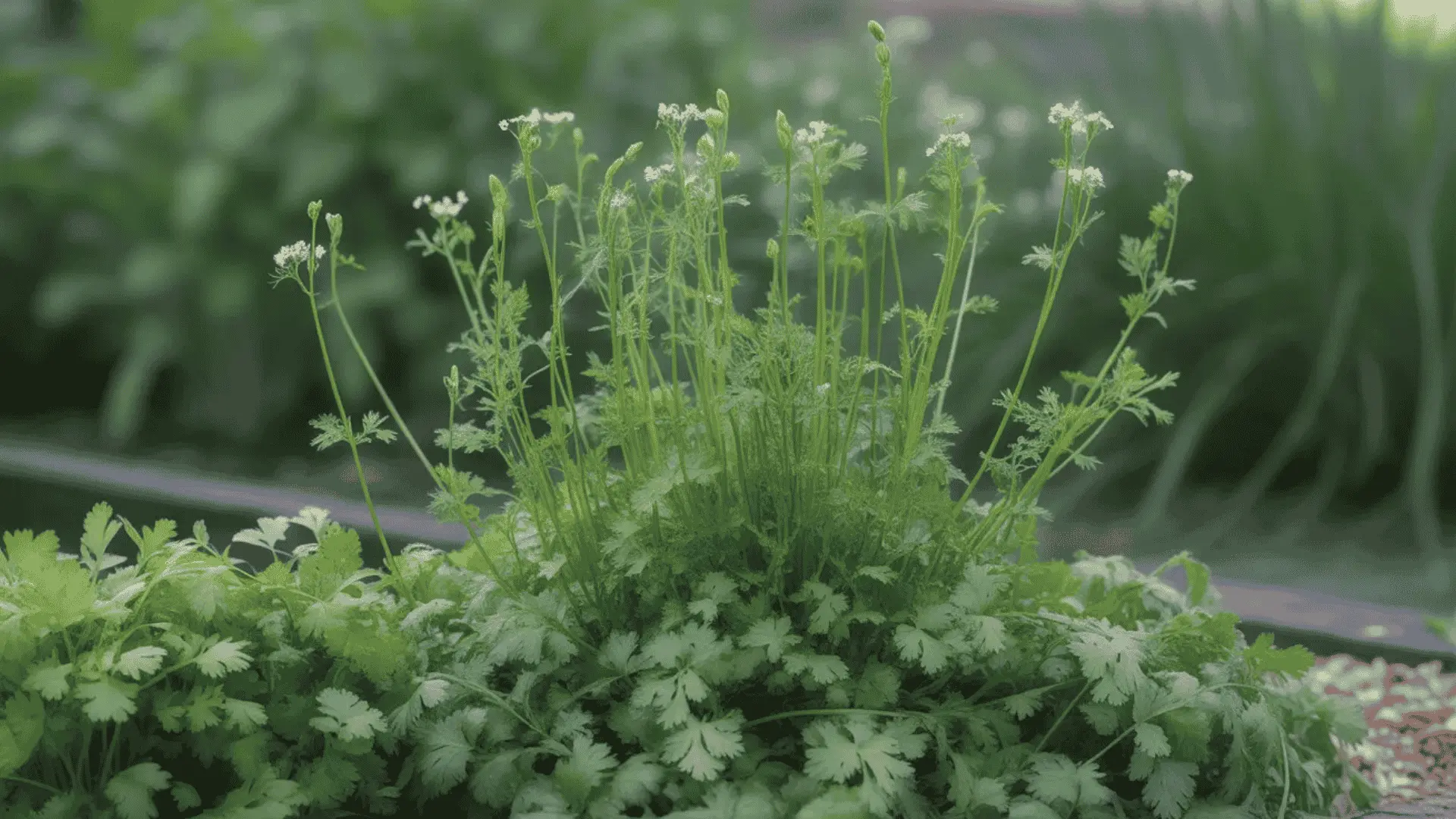 Cilantro plant with flower stalks beginning to form, signaling bolting.