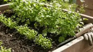 Cilantro plants growing in a garden, with some mature and others just sprouting.