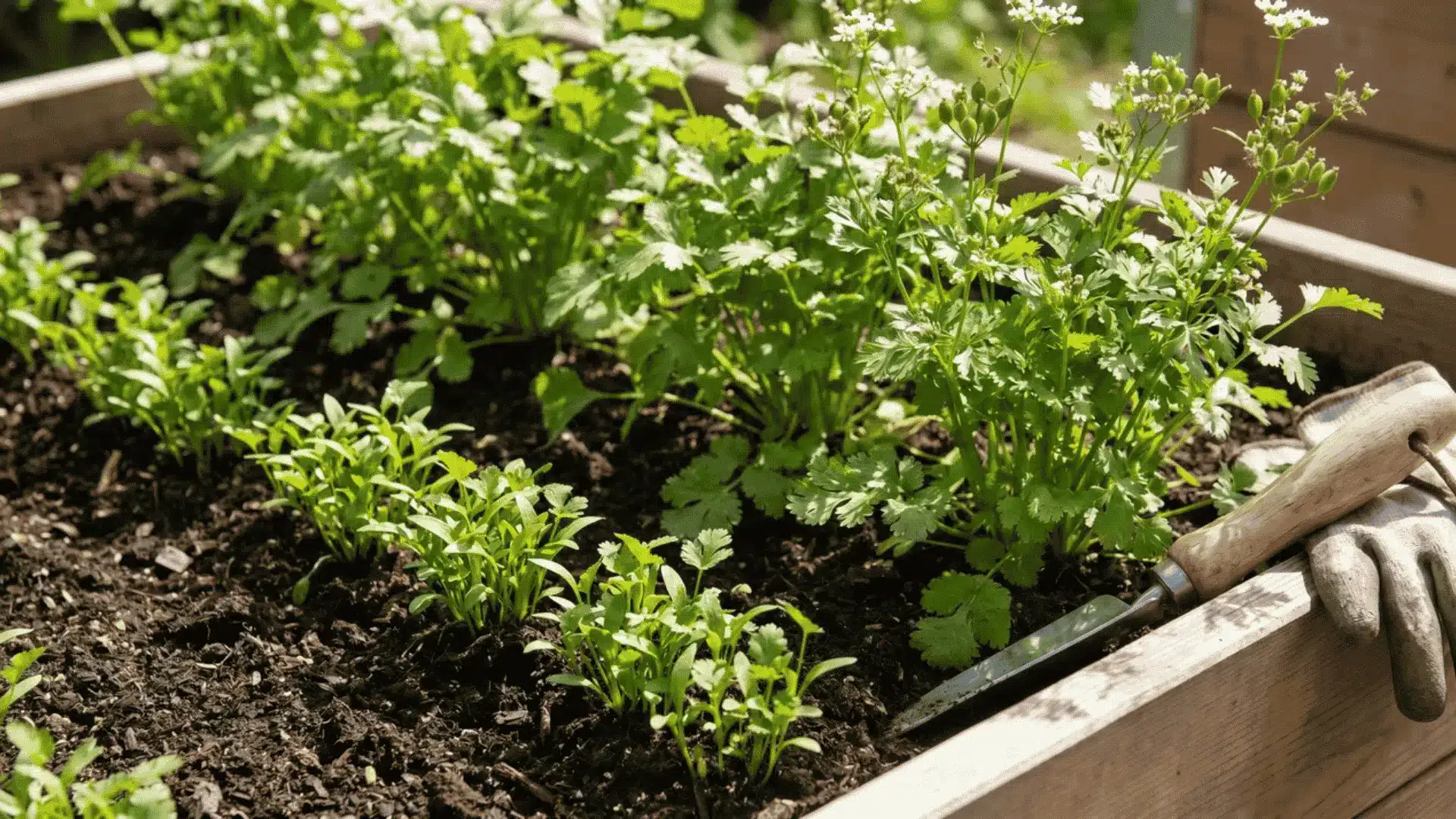 Cilantro plants growing in a garden, with some mature and others just sprouting.