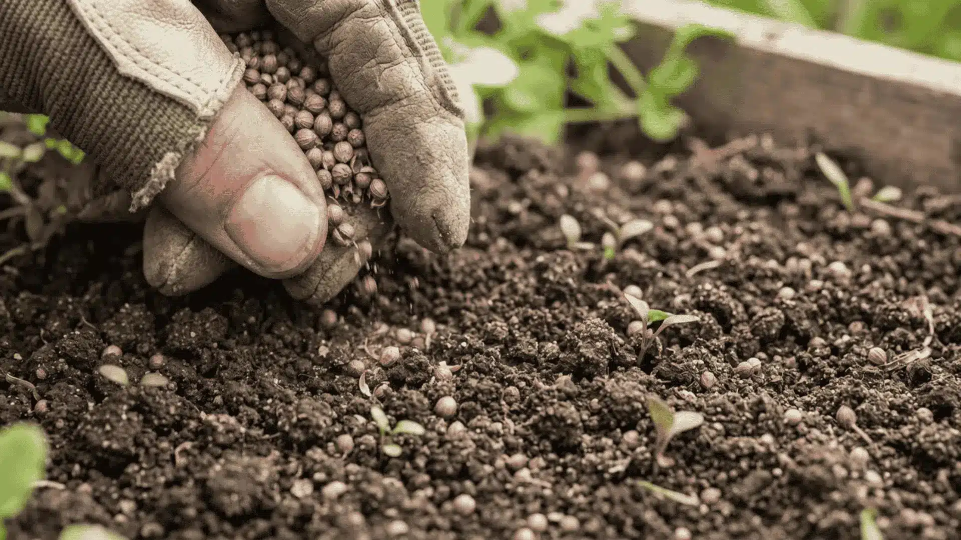Cilantro seeds being crushed between fingers to improve germination.