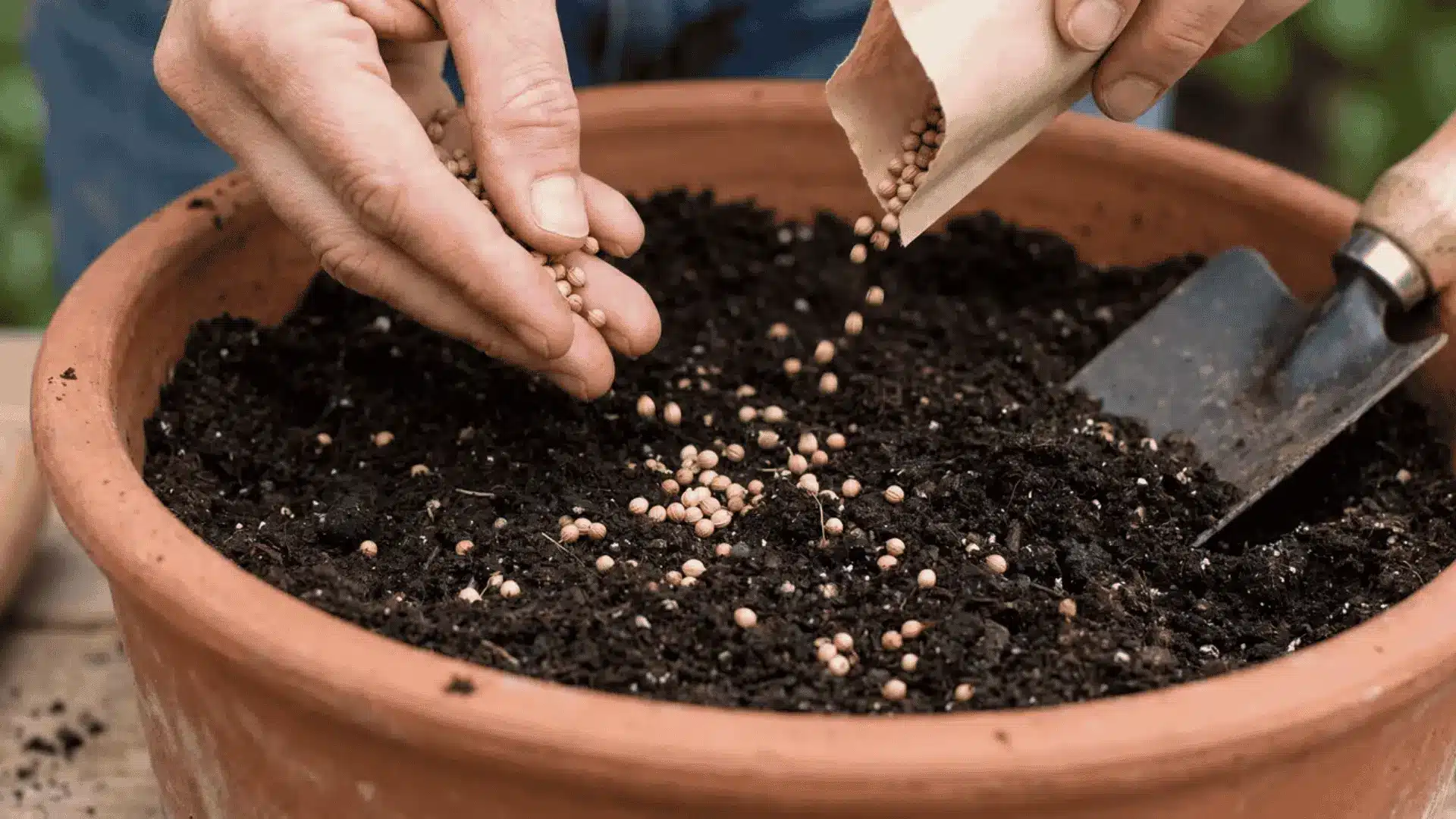 Cilantro seeds sown in a deep container with high-quality potting mix.